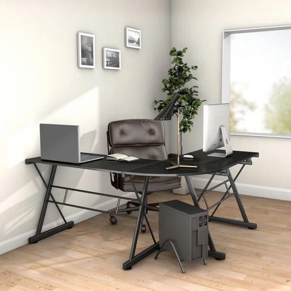 Bureau Informatique en Forme de L Grand Poste de Travail d’Angle avec Tablette en MDF et Fer, 150x135x75cm, Noir