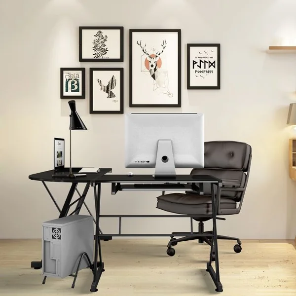 Bureau Informatique en Forme de L Grand Poste de Travail d’Angle avec Tablette en MDF et Fer, 150x135x75cm, Noir