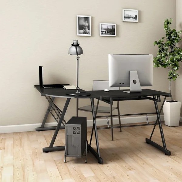 Bureau Informatique en Forme de L Grand Poste de Travail d’Angle avec Tablette en MDF et Fer, 150x135x75cm, Noir