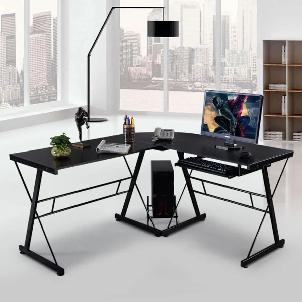 Bureau Informatique en Forme de L Grand Poste de Travail d’Angle avec Tablette en MDF et Fer, 150x135x75cm, Noir