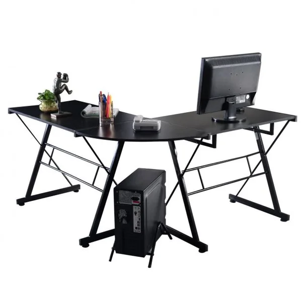 Bureau Informatique en Forme de L Grand Poste de Travail d’Angle avec Tablette en MDF et Fer, 150x135x75cm, Noir