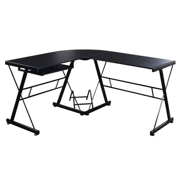 Bureau Informatique en Forme de L Grand Poste de Travail d’Angle avec Tablette en MDF et Fer, 150x135x75cm, Noir