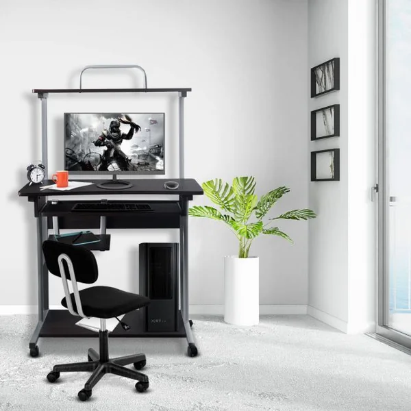 Bureau Informatique à Roulettes Petit Poste de Travail PC avec 3 Étagères et Tiroirs en MDF et fer, 80x55x120cm, Noir
