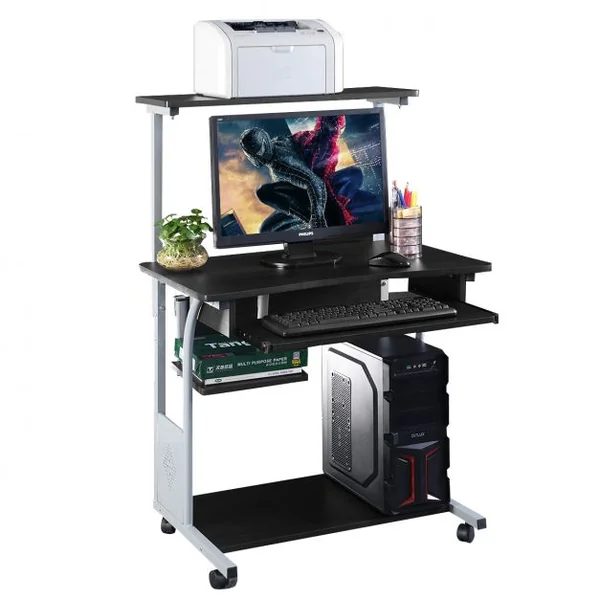 Bureau Informatique à Roulettes Petit Poste de Travail PC avec 3 Étagères et Tiroirs en MDF et fer, 80x55x120cm, Noir