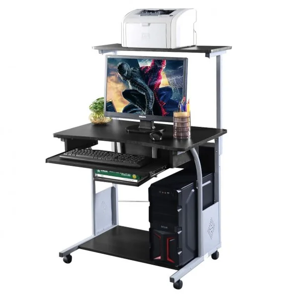 Bureau Informatique à Roulettes Petit Poste de Travail PC avec 3 Étagères et Tiroirs en MDF et fer, 80x55x120cm, Noir
