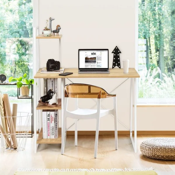 Bureau Moderne Table de Travail avec 3 Tablettes Capacité 100 Kg Structure en Acier 100x50xx118cm Blanc+Chêne