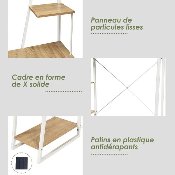 Bureau Moderne Table de Travail avec 3 Tablettes Capacité 100 Kg Structure en Acier 100x50xx118cm Blanc+Chêne