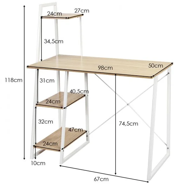 Bureau Moderne Table de Travail avec 3 Tablettes Capacité 100 Kg Structure en Acier 100x50xx118cm Blanc+Chêne