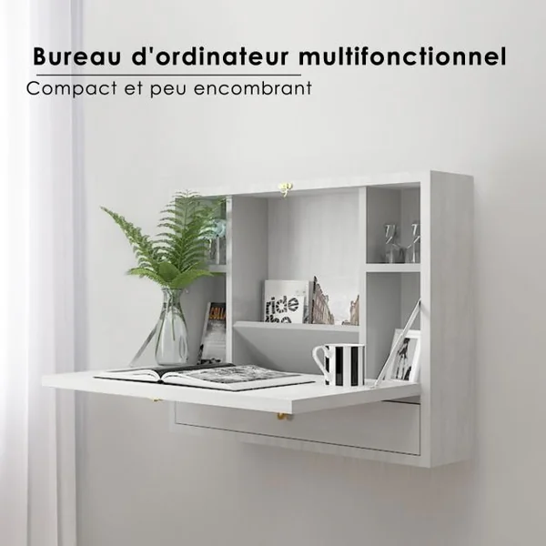 Bureau Mural Rabattable Table Murale avec Etagère Intégrée Capacité Du Bureau 20 Kg en Mdf 60x50,5x50cm Blanc