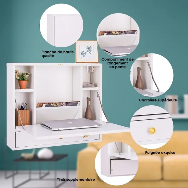 Bureau Mural Rabattable Table Murale avec Etagère Intégrée Capacité Du Bureau 20 Kg en Mdf 60x50,5x50cm Blanc