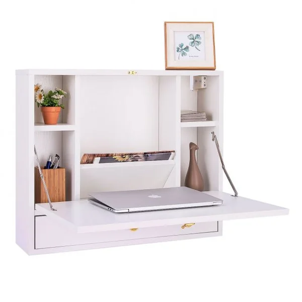 Bureau Mural Rabattable Table Murale avec Etagère Intégrée Capacité Du Bureau 20 Kg en Mdf 60x50,5x50cm Blanc
