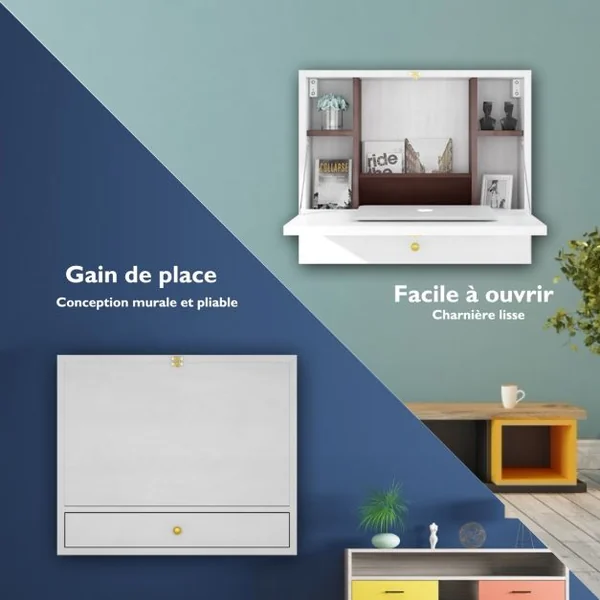 Bureau Mural Rabattable Table Murale avec Etagère Intégrée Capacité Du Bureau 20 Kg en Mdf 60x50,5x50cm Blanc