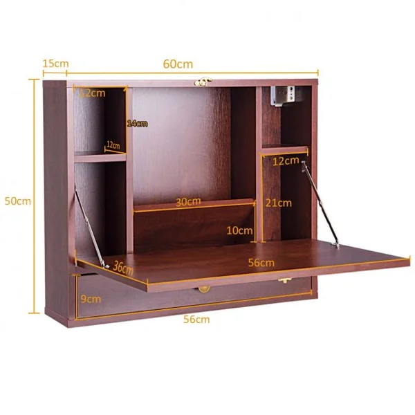 Bureau Mural Rabattable Table Murale avec Etagère Intégrée Capacité Du Bureau 20 Kg en MDF 60x50,5x50cm Marron