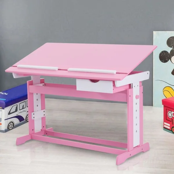 Bureau pour Enfant Table à Dessin avec Plateau Inclinable et Hauteur Réglable et Tiroir en MDF, 109x55x62-88cm, Rose
