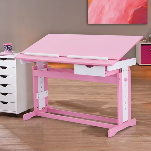 Bureau pour Enfant Table à Dessin avec Plateau Inclinable et Hauteur Réglable et Tiroir en MDF, 109x55x62-88cm, Rose