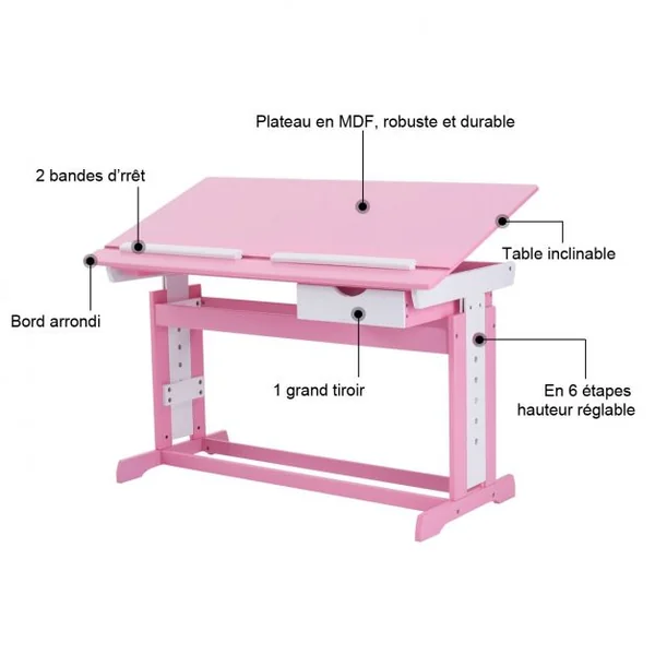 Bureau pour Enfant Table à Dessin avec Plateau Inclinable et Hauteur Réglable et Tiroir en MDF, 109x55x62-88cm, Rose