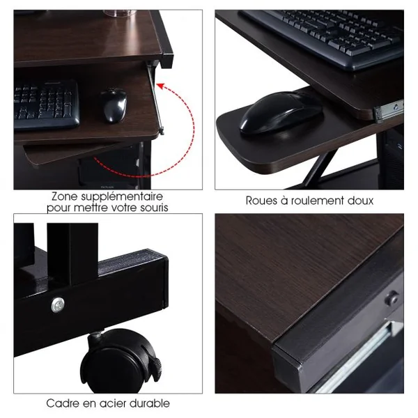 Bureau à Roulettes avec Plateau pour Clavier et Porte-souris Etagère Inférieure en MDF 75x50x75cm Marron