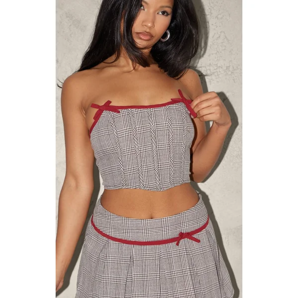 Café Au Lait Clair Corset Baleiné Tissé Pied-de-poule Avec Nœud