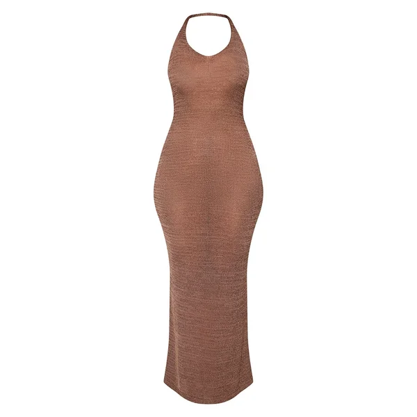 Café Au Lait Robe Maxi Moulante En Maille Lurex Avec Col Licou Et Détail Foulard