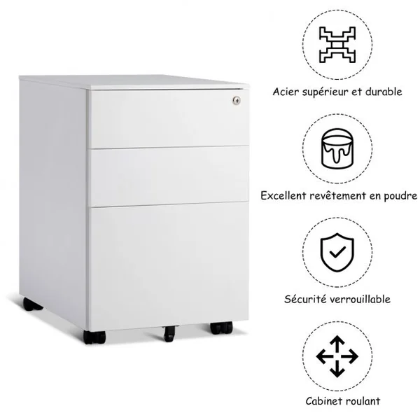 Caisson de Bureau Armoire de Rangement à Roulettes Grande Capacité de Stockage de 50kg en Acier, 39x48x60cm, Blanc