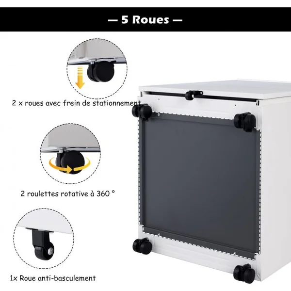 Caisson de Bureau Armoire de Rangement à Roulettes Grande Capacité de Stockage de 50kg en Acier, 39x48x60cm, Blanc