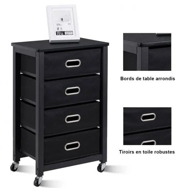 Caisson de Bureau à Roulettes 4 Tiroirs et et Rangement pour Dossiers et Documents Noir