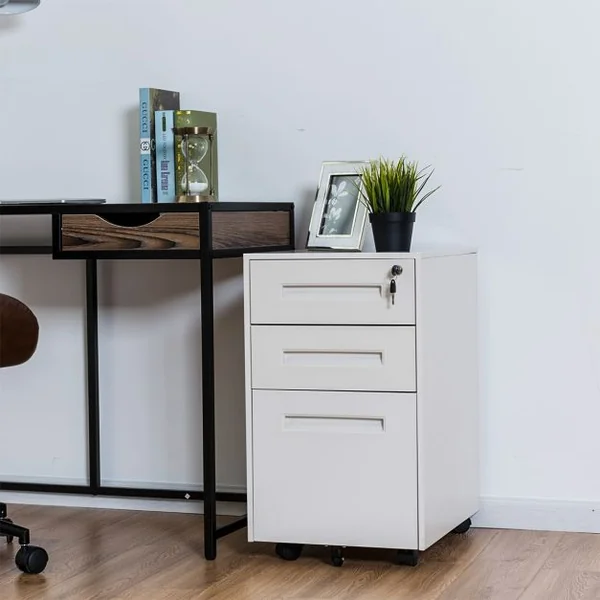 Caisson/Armoire de Bureau à Roulettes avec 3 Tiroirs 2 Clés 38 x 50 x 65CM Blanc