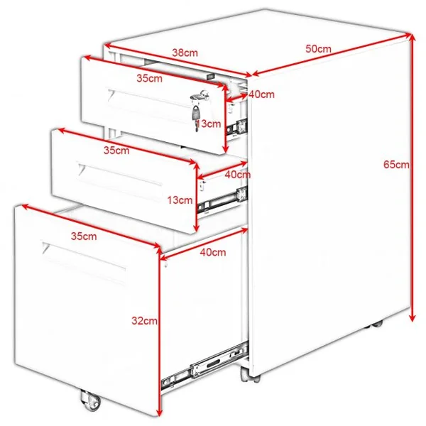 Caisson/Armoire de Bureau à Roulettes avec 3 Tiroirs 2 Clés 38 x 50 x 65CM Blanc