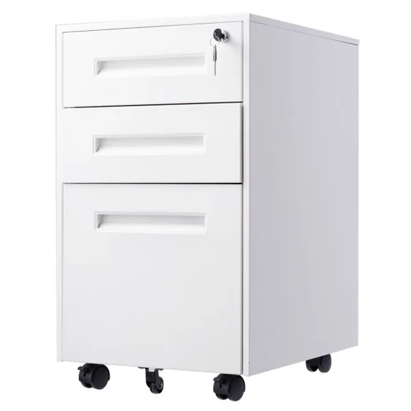 Caisson/Armoire de Bureau à Roulettes avec 3 Tiroirs 2 Clés 38 x 50 x 65CM Blanc