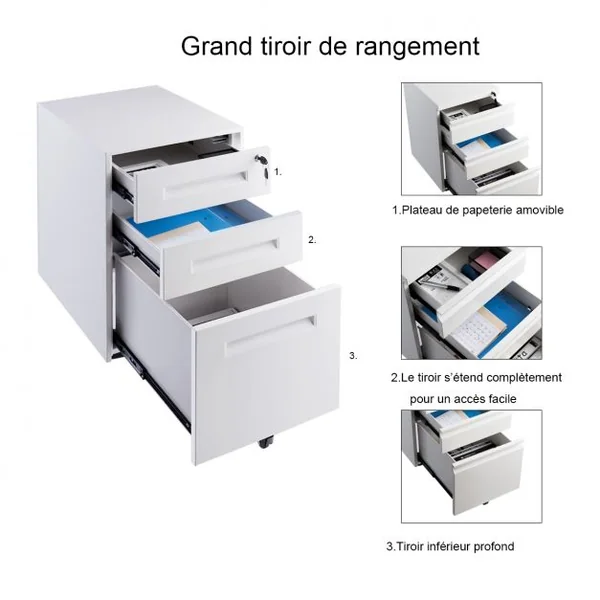 Caisson/Armoire de Bureau à Roulettes avec 3 Tiroirs 2 Clés 38 x 50 x 65CM Blanc