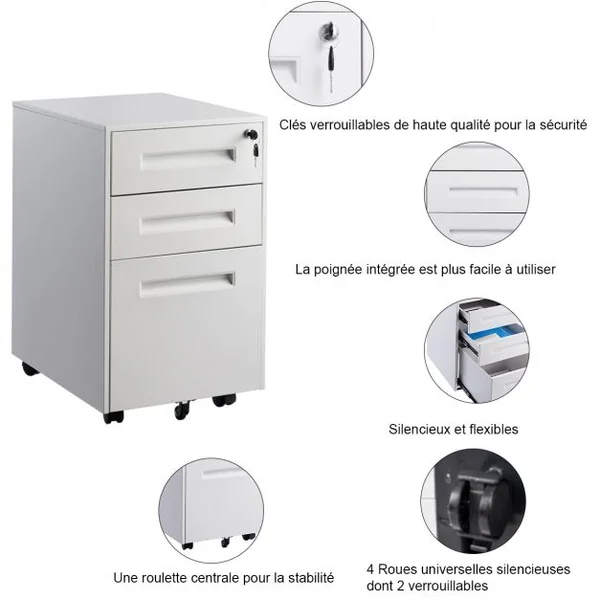 Caisson/Armoire de Bureau à Roulettes avec 3 Tiroirs 2 Clés 38 x 50 x 65CM Blanc