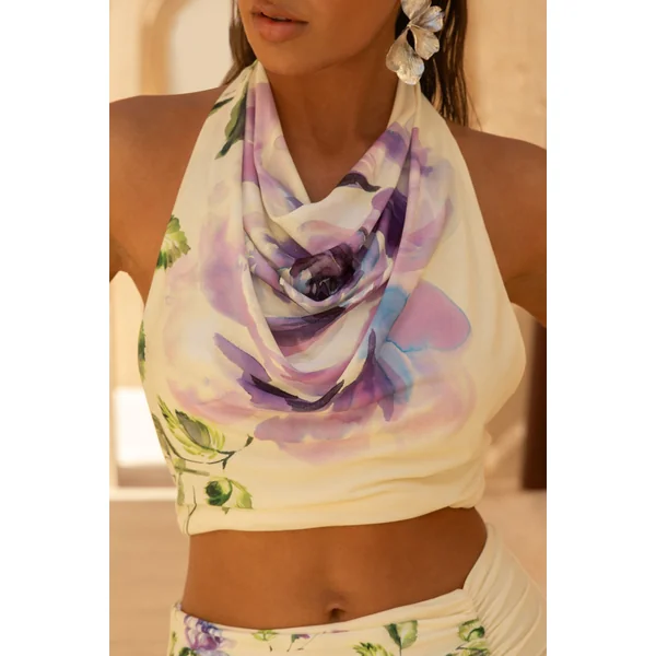 Calla | Crop top à col montant avec imprimé floral lilas