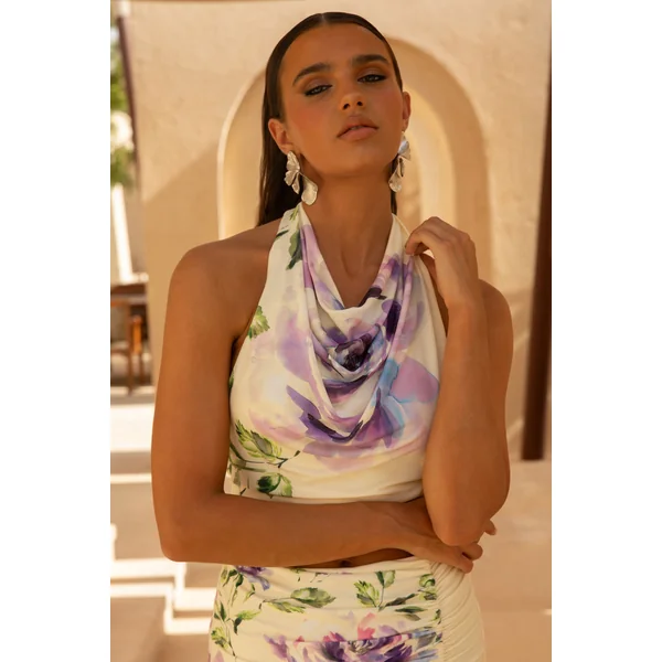 Calla | Crop top à col montant avec imprimé floral lilas