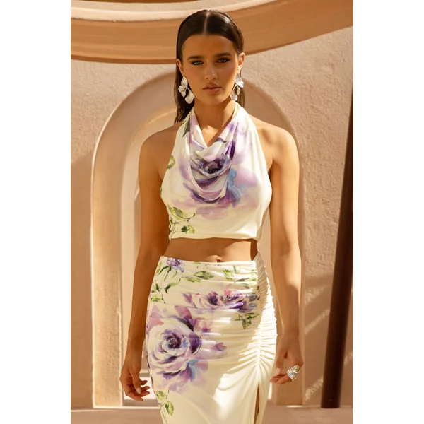 Calla | Crop top à col montant avec imprimé floral lilas