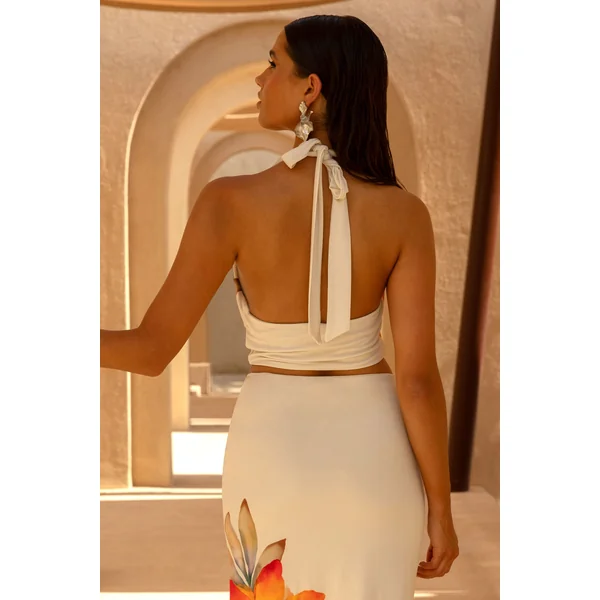 Calla | Crop top à col montant avec imprimé floral orange