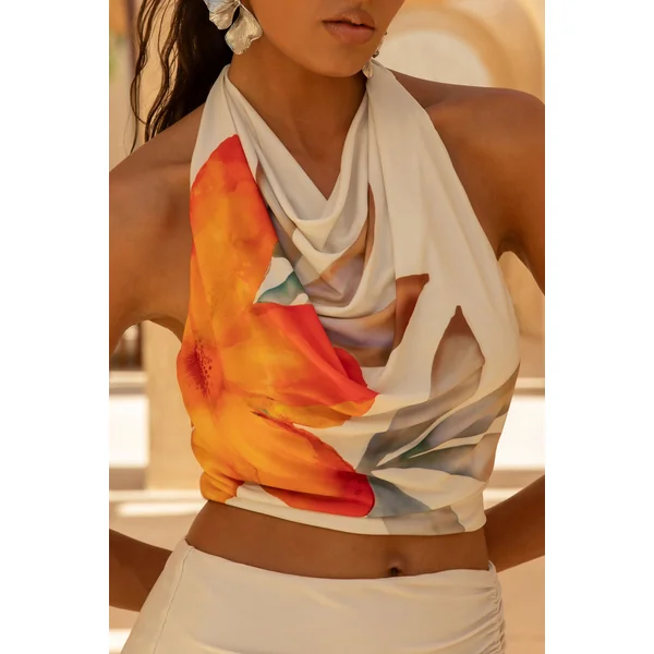 Calla | Crop top à col montant avec imprimé floral orange