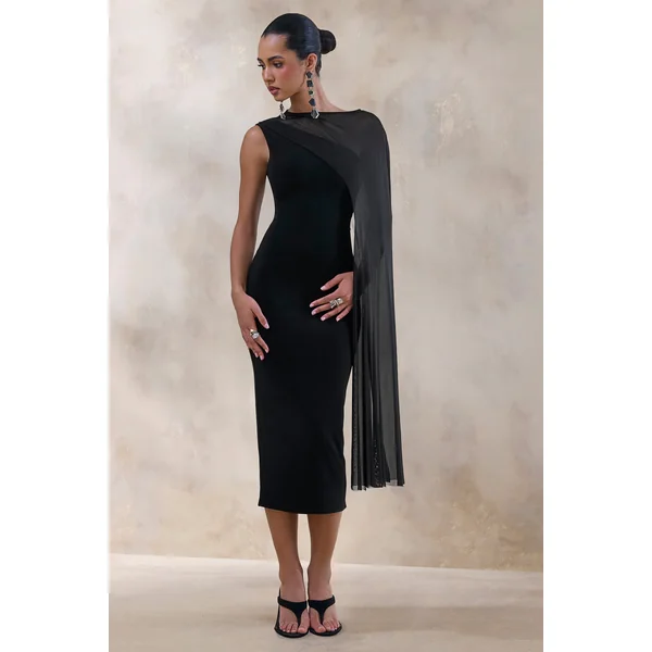 Caloria | Robe mi-longue noire à encolure asymétrique avec cape en mesh