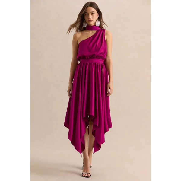 Caluna | Robe mi-longue en satin rose fuchsia à encolure asymétrique avec détail écharpe