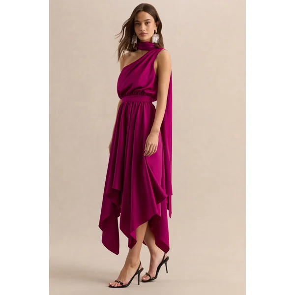 Caluna | Robe mi-longue en satin rose fuchsia à encolure asymétrique avec détail écharpe