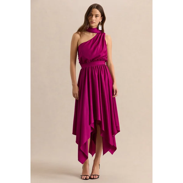 Caluna | Robe mi-longue en satin rose fuchsia à encolure asymétrique avec détail écharpe