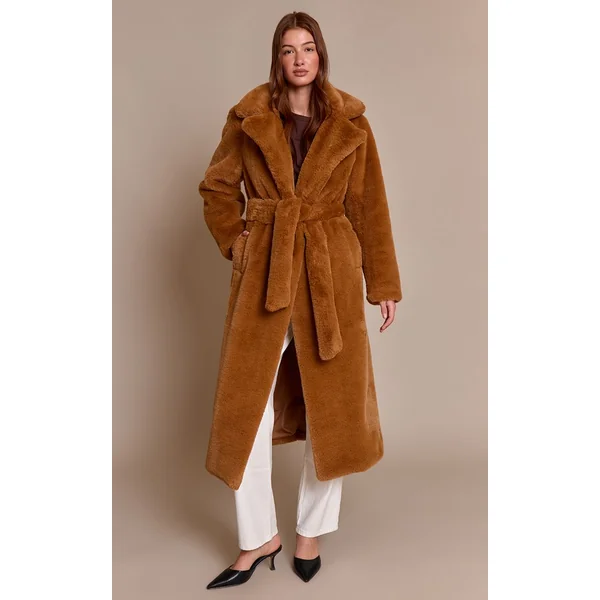 Camel Manteau Long En Synthétique Avec Ceinture À Nouer
