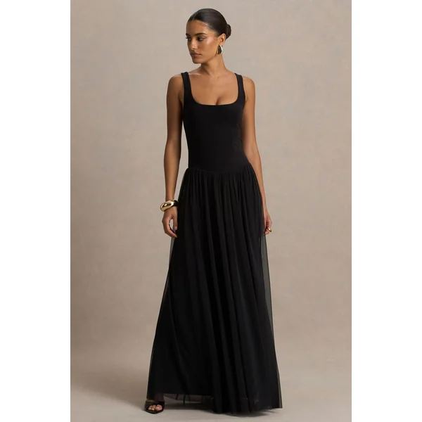 Camila | Robe longue noire à encolure ronde avec taille basse et jupe plissée