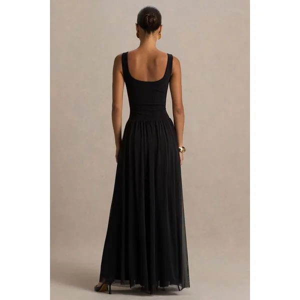 Camila | Robe longue noire à encolure ronde avec taille basse et jupe plissée