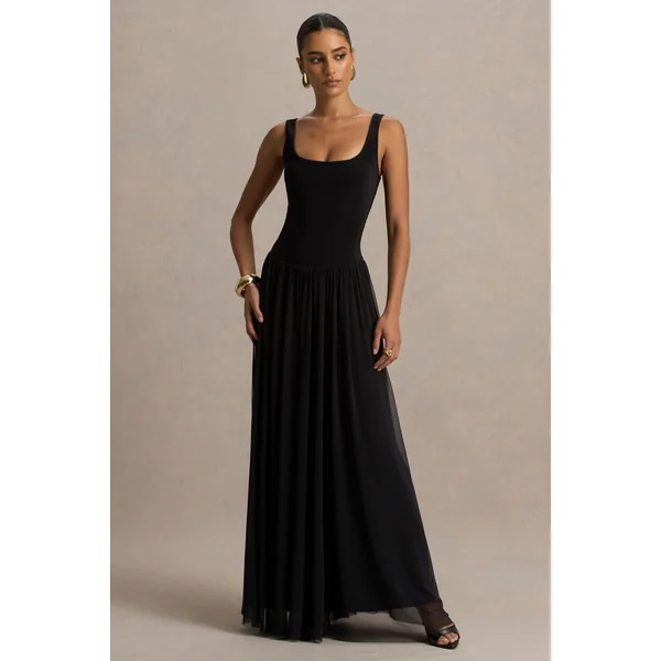 Camila | Robe longue noire à encolure ronde avec taille basse et jupe plissée