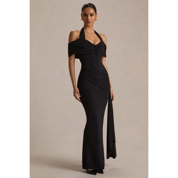 Camille | Robe longue noire à encolure bardot