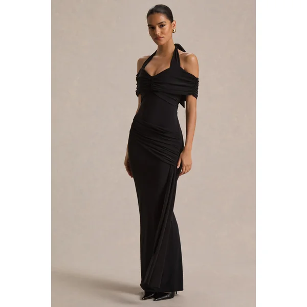 Camille | Robe longue noire à encolure bardot