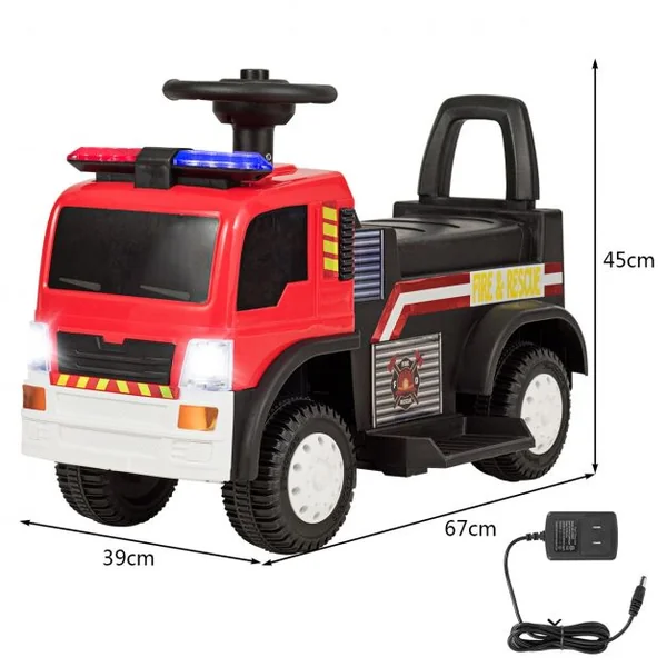 Camion de Pompiers Electrique pour Enfants de 3 à 6 ans Capacité 20 kg Vitesse 3 km/h Batterie 67x39x45cm Noir + Rouge