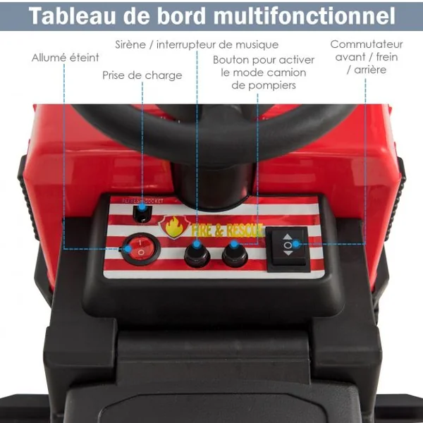 Camion de Pompiers Electrique pour Enfants de 3 à 6 ans Capacité 20 kg Vitesse 3 km/h Batterie 67x39x45cm Noir + Rouge