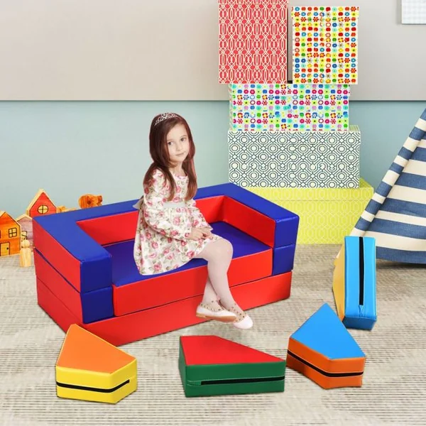 Canapé Convertible 4 en 1 pour Enfants Blocs en Mousse Amovibles en Lit Table Chaise Zone de Jeux en EPE+PU Imperméable