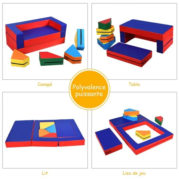 Canapé Convertible 4 en 1 pour Enfants Blocs en Mousse Amovibles en Lit Table Chaise Zone de Jeux en EPE+PU Imperméable